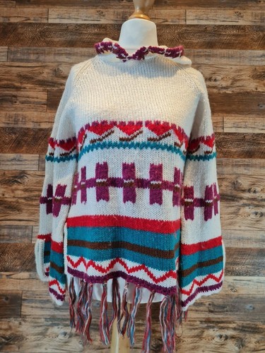 Boho Peace and Love Women's Patterned Hooded Knitted Poncho Jumper Silk Blend M