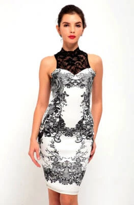 SuzanjaS elegantes Kleid in schwarz weiß mit Blumenprint rundhals Spitze