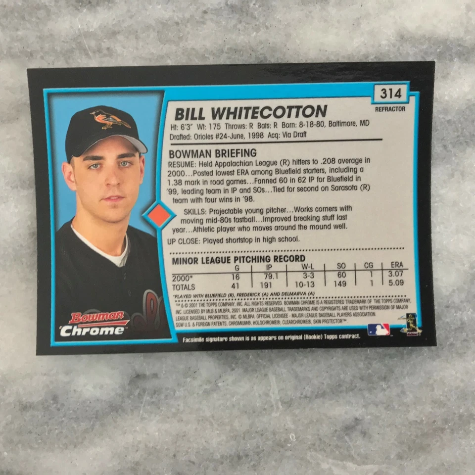 2001 Bowman Chrome Rookie Refractor Bill Whitecotton #314 Orioles - Image 2 of 2