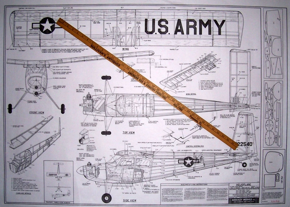Berkeley HELIOPLANE PLAN + PARTS PATTERNS to Build 38 Inch UC/RC Model Airplane  - Image 3 of 4