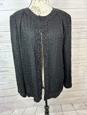 Laurence Kazar Sz 1X Black Beaded Formal Jacket Silk Long Sleeve Open Front