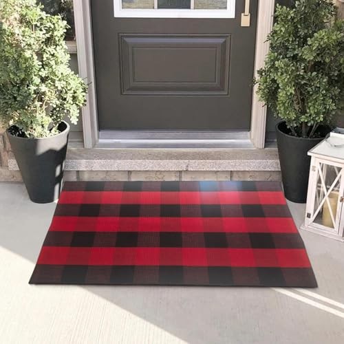 Buffalo Plaid Outdoor Rug 27.5x43 Black Red Checkered Washable Mat
