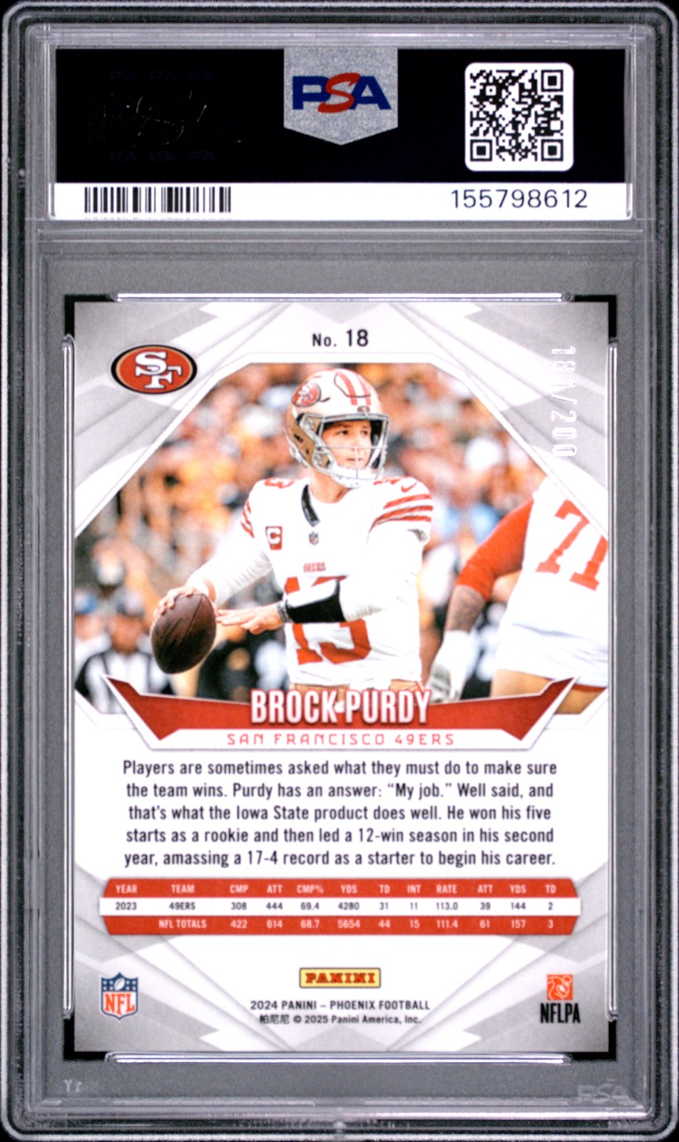 2024 PANINI PHOENIX PULSAR #18 BROCK PURDY 181/200 PSA 10 view 2