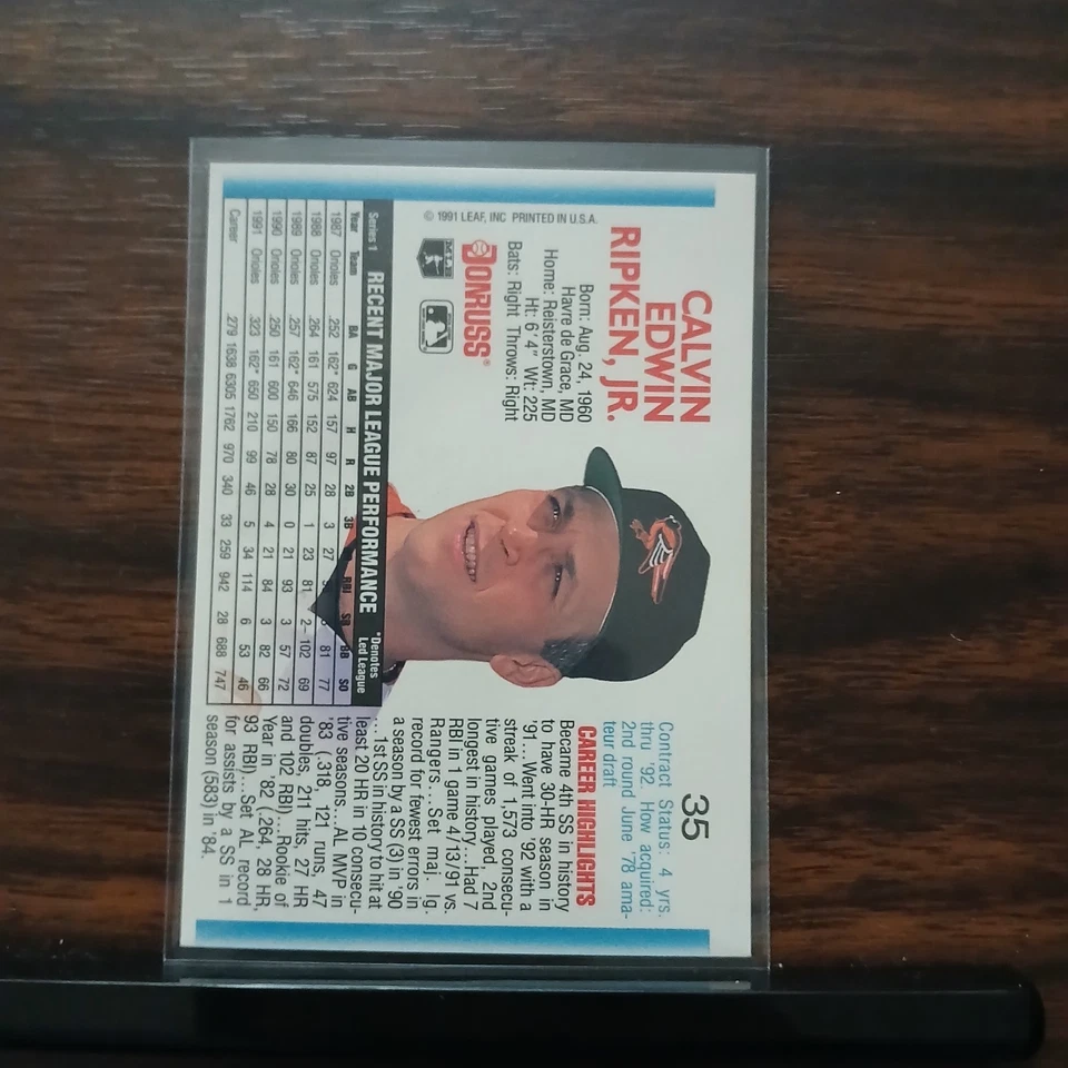 1992 Donruss Baseball Error Card 35 Cal Ripken No Dot After Inc - Image 2 of 2