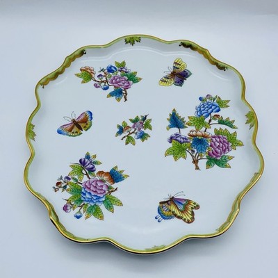 Herend Queen Victoria Green and Gold Border Oval Platter Tray Large 7506