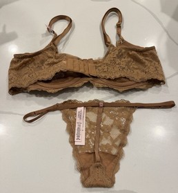 Victoria&rsquo;s Secret Dream Angels Unlined Bra & Panty Set Tan Lace 38C/medium NWT
