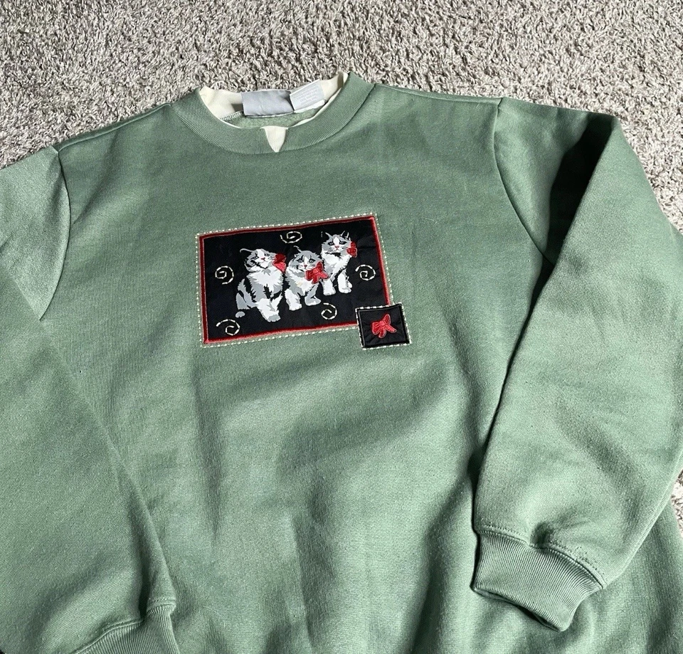 Vtg Kitten Sweatshirt Women’s Medium Green Double Collar Embroidered Cat Art EUC - Image 2 of 4