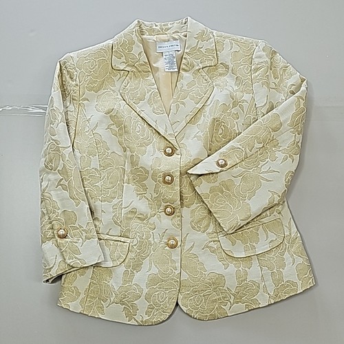 Jaclyn Smith Floral Brocade Blazer Womens 8 Gold Metallic Pearl Button Jacket