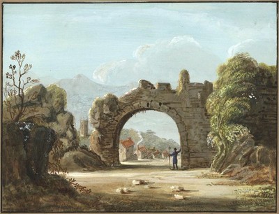 Das Schloss von St. Ronan's St Ronan's Well - kleines Gouache Gemälde 19. Jahrhundert