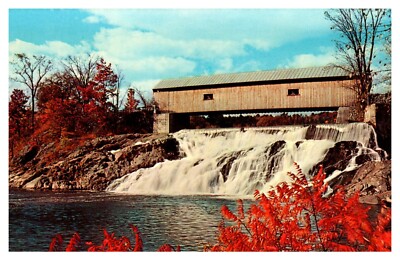 Postcard VT Covered Bridge White River Waterfall Autumn Fall Foliage