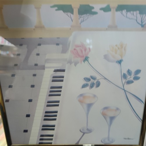 Tudor Mironesco Brille auf Klavier Air Brush Art 70er Veranda signiert Druckrahmen - Bild 5 von 15