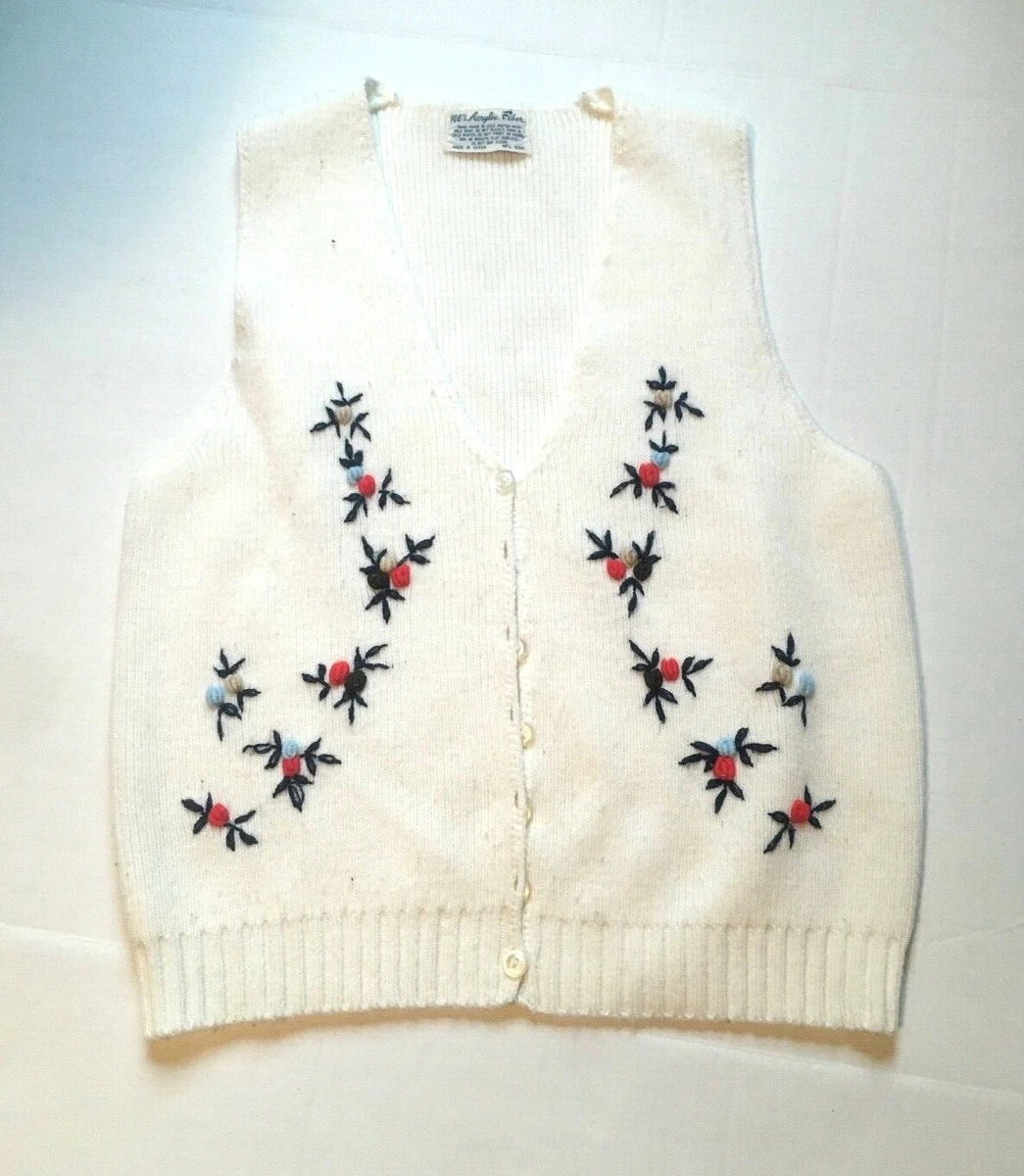 Vintage Women's Cream Knit Vest Floral Crewel work 100% Acrylic Fibre Made Korea