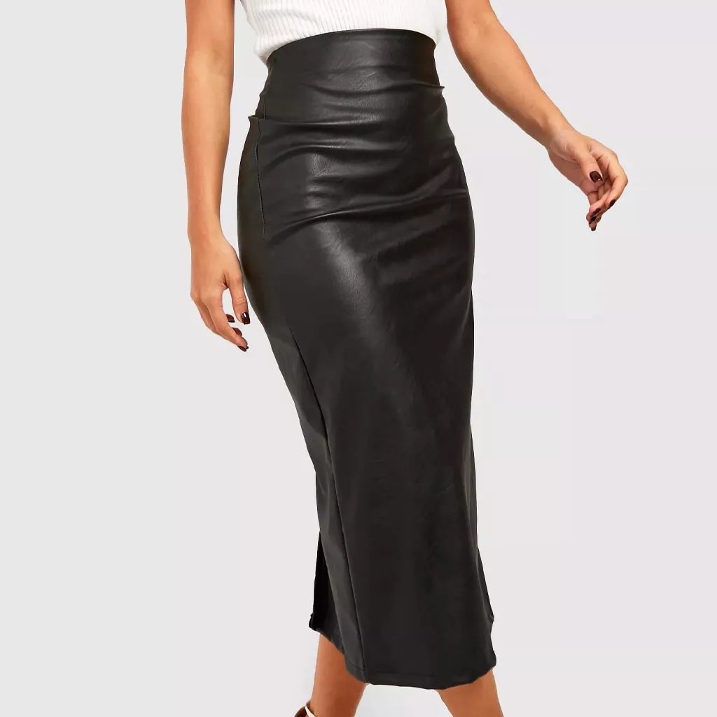 LeatherSplenor Long Black Genuine Leather Spring Summer 23 Women Leather  Skirt