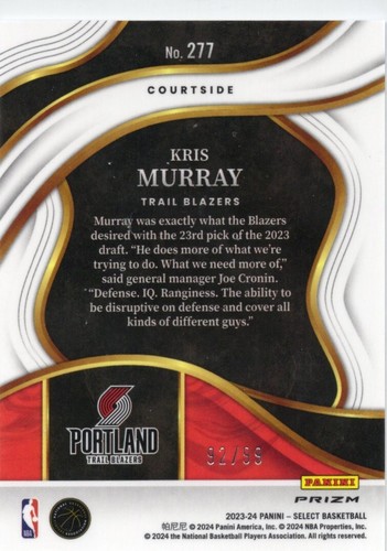 2023-24 Panini Select - Courtside #277 Kris Murray (RC) Light Blue Disco 92/99 - Picture 2 of 2