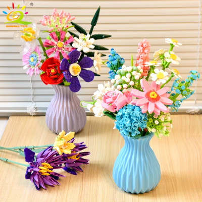 HUIQIBAO MOC Blume Modellbausteine 3D Blumenstrauß Pflanzen Sonnenblume Rose Ziegel