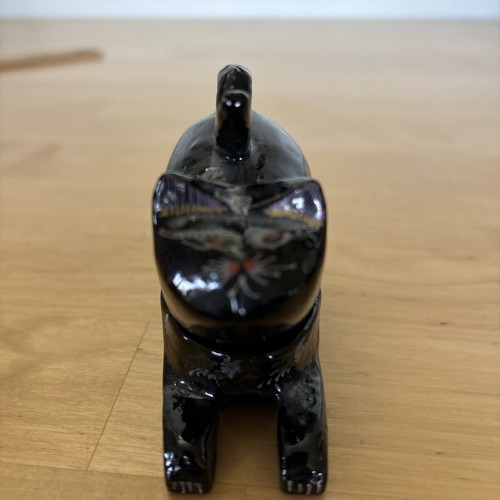 Cat Trinket Box Black Lacquer Wood Floral Thailand 3" - Picture 13 of 13