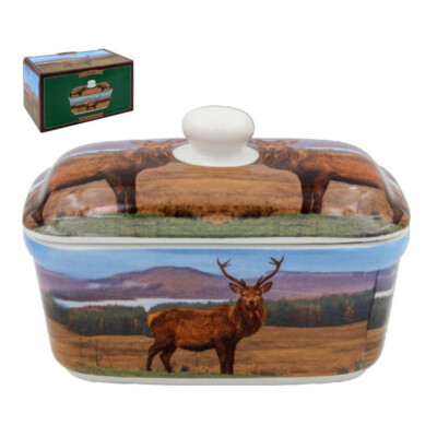 VINTAGE STIL FEINPORZELLAN HIRSCH DESIGN BUTTERDOSE MIT DECKEL NEU UND GESCHENKVERPACKT