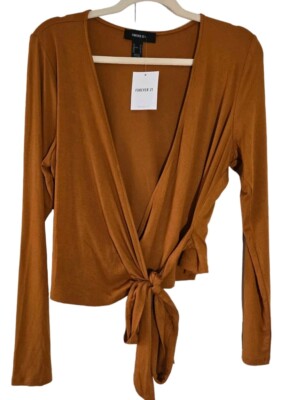 Forever 21 Size 1X Faux Wrap Crop Top Brown Long Sleeve Tie Front