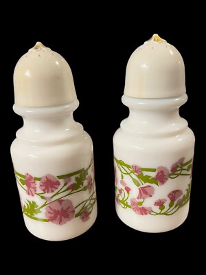 Vtg Milk Glass Lilac Salt & Pepper Shakers, Green Leaves & Purple Flowers 1980 s