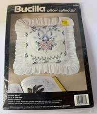 Vtg Bucilla Floral Heart Pillow Kit Stamped Cross Stitch Flowers  Ribbon Bow
