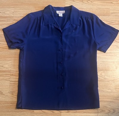 Vintage 1980 s Alyssa Carr Cobalt Blue Camp Collar Blouse Sz 10 Button Up Womens