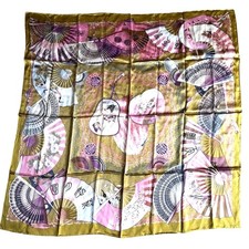 Pure silk scarf large square luxurious feel Asian fans motif sage green  pink