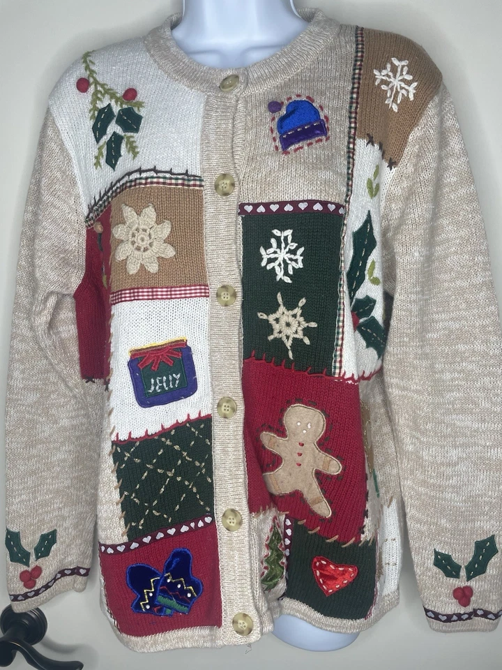 Cárdigan Suéter KIK IT Talla Mediana Navidad Muñeco de Nieve Pan de Jengibre Acebo Foto 2 de 4