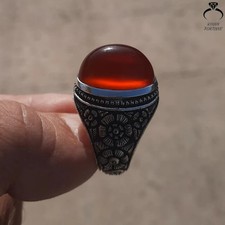 Rare Yemeni Aqeeq Ring 925 Silver Natural Handmade Islamic Red Blood Agate Ring