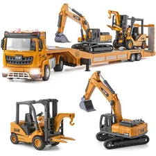 Die-cast Construction Truck Toys Set w/Semi Truck, Excavator, Forkl... Fast Ship