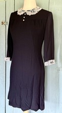 Vintage 50s Bobbie Brooks Little Black Dress Crepe Lace Lng Slv Pearl Btns S