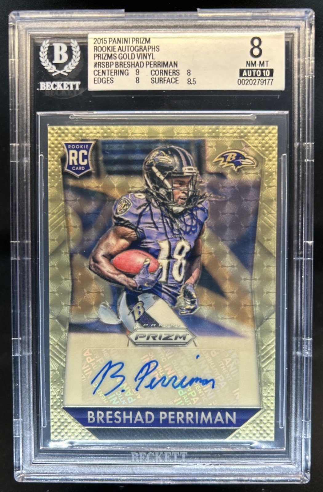 2015 Panini Prizm Breshad Perriman Rookie RC Gold Vinyl Auto #/5 Ravens BGS 8 view 1