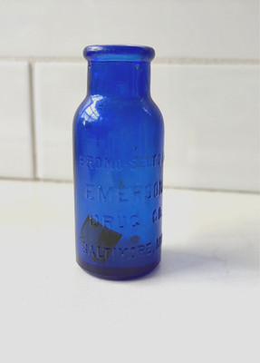 Bromo-Seltzer Emerson Drug Co. Baltimore MD Embossed Blue Glass Medicine Bottle