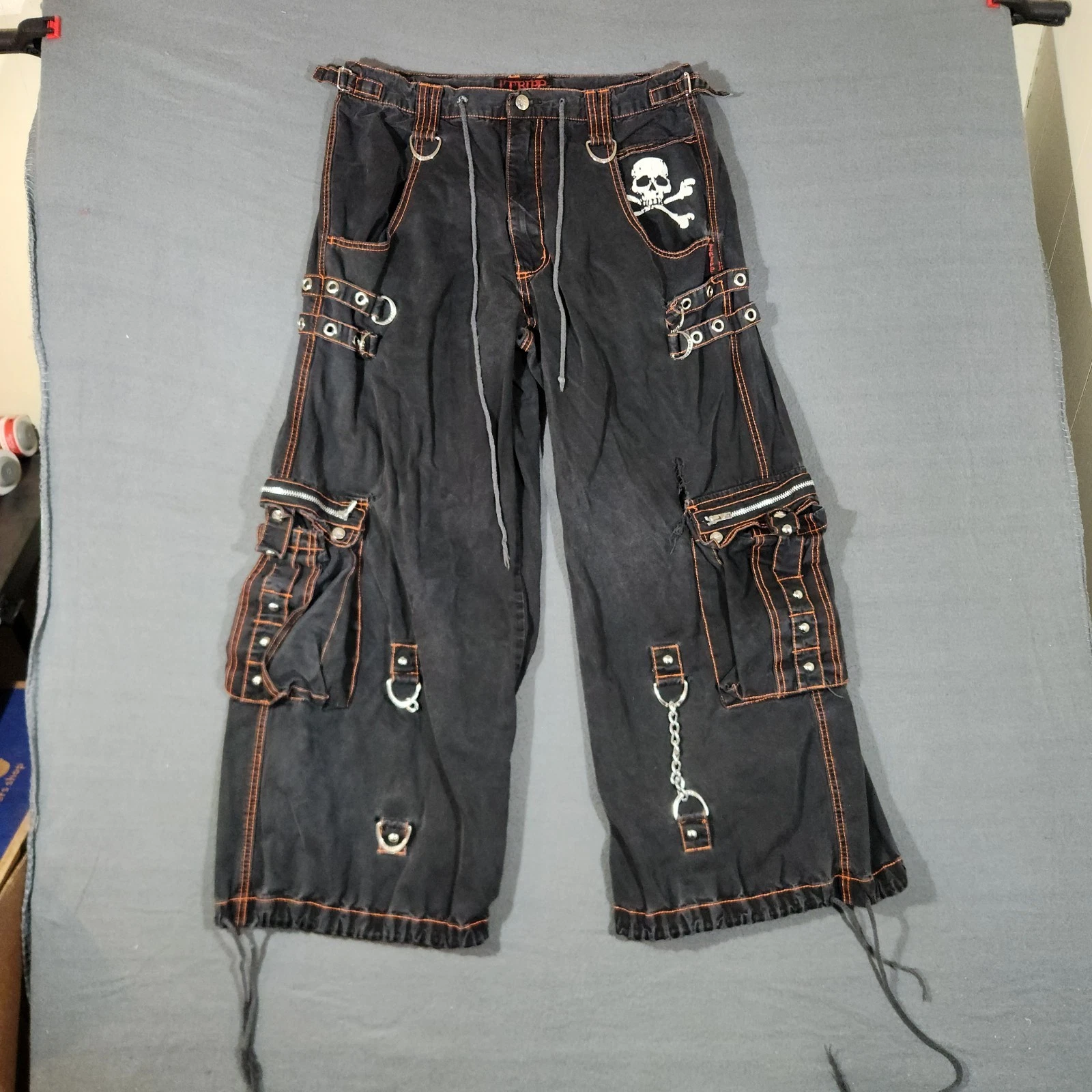 Vintage Tripp NYC Wide Leg Black Bondage Pants Sz L Goth Punk Rave Mallcore Y2K