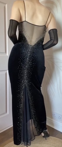 VTG 90’s Dave & Johnny Black Velvet Beaded Meshed Spaghetti Straps Dress 5/6 - Picture 4 of 23