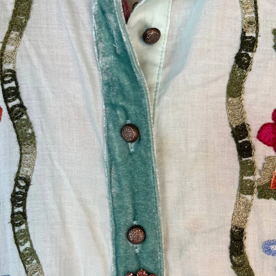 Johnny Was Embroidered Long Shirt Dress ED24B75 Floral Boho Velvet Trim M - Image 4 of 4