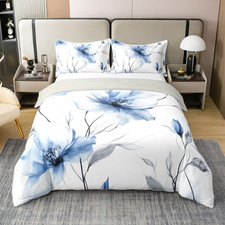Boho Blue Floral Twin Bedding Set, 100 Cotton Duvet Cover for Girls
