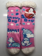 Peanuts Snoopy And Woodstock Pink Sherpa Lined Non-slip Socks One Size Fits Most