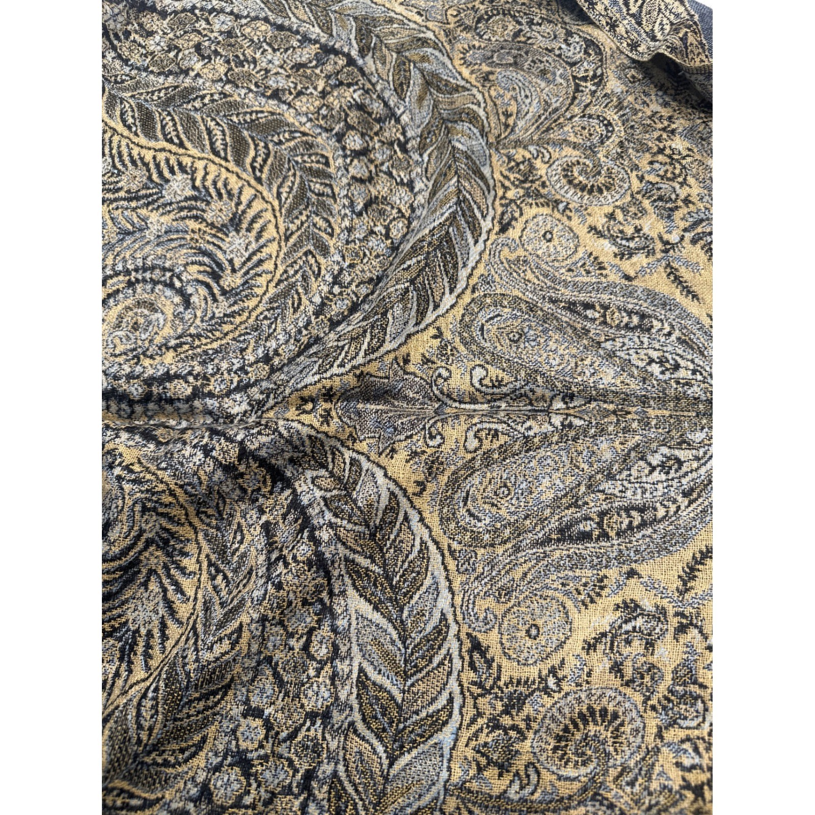 Luxurious Pashmina Silk Blend Scarf Gold Blue Paisley Tassel Fringe 26x72 winter