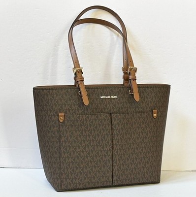 Michael Kors JET SET MEDIUM Double Pocket Tote SHOULDER Bag Purse MK BROWN LOGO