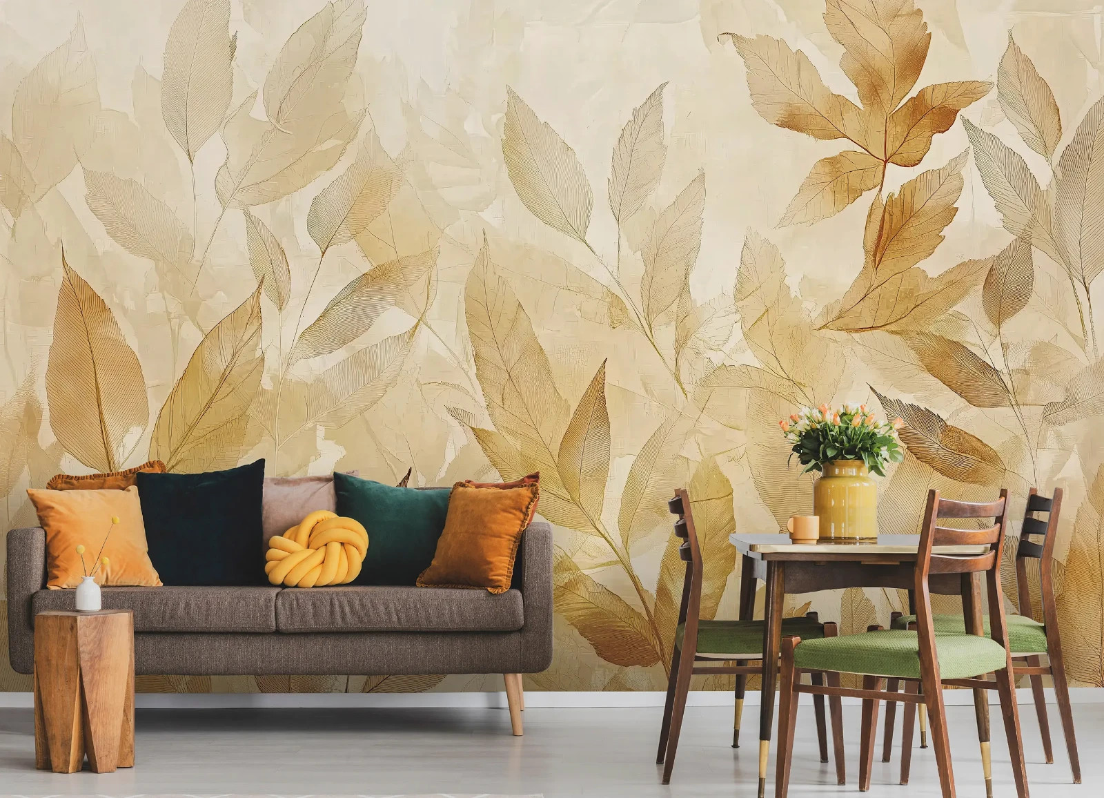 Yellow kitchen wallpaper wall mural 312x219cm botanical large leaves decor