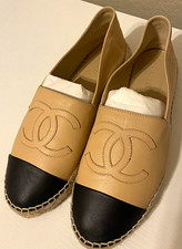CHANEL Beige/Black Leather Espadrille Flats Cap Toe CC Logo Slip-On EU 38