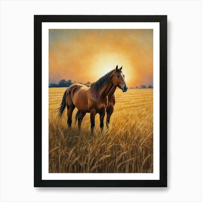 Pferde im Weizenfeld Kunstdruck gerahmt Wandbild Poster Leinwanddruck Bild