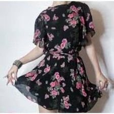 Zara Dress Womens Medium Black Floral Open Back Tie Top Belt Fairy Sheer Ruffles