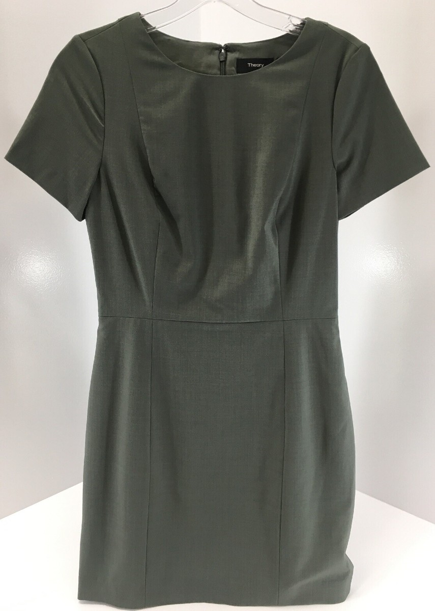 sage green shift dress Theory Womens Short Sleeve Pleated Color Deep Sz US:0 NWT # Midi dress