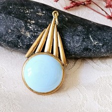 Grand Pendentif Art Déco Plaqué Or Pâte De Verre Couleur Turquoise 50x25mm