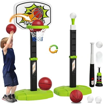 HANDWELL 3 in 1 Toddler Basketball Hoop and Tee Ball Set for Boys: Kids Baseball Tee w...