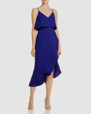 $238 Aqua Women's Blue Sleeveless V-Neck Asymmetric Ruffle Popover Dress  Size 4