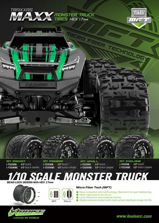 Louise RC MT-CYCLONE 1:10 MAXX Reifen Schwarz Fertig Verklebt Soft Felgen - Bild 2 von 3