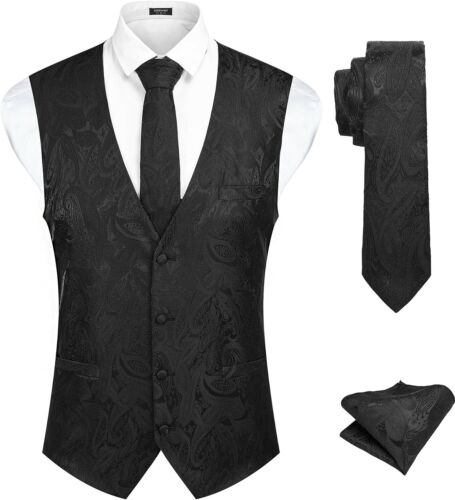 COOFANDY Men's Vest Tie Set 3PC Paisley Floral Jacquard Waistcoat and Necktie Po - Picture 1 of 17