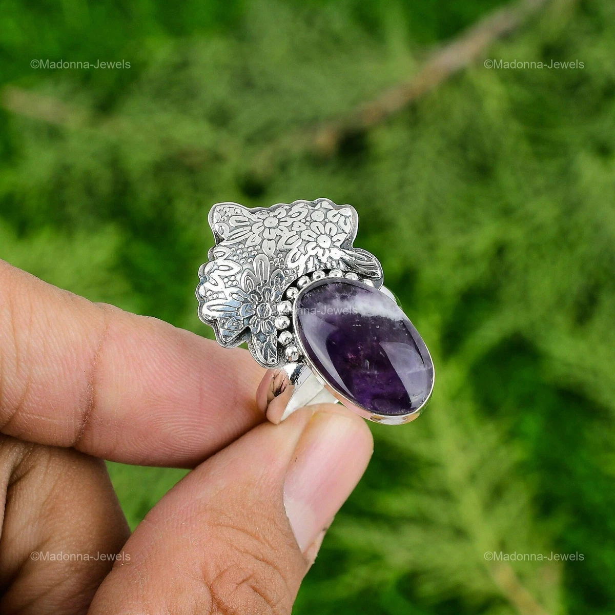 Natural Chevron Amethyst Gemstone Stackable Adjustable Ring 925